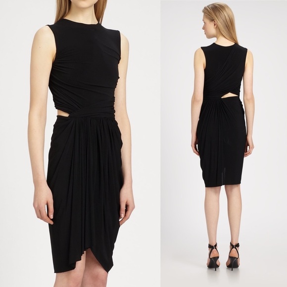 Alexander Wang Draped Cutout Dress Black Stretchy Jersey Sleeveless High Neck 0